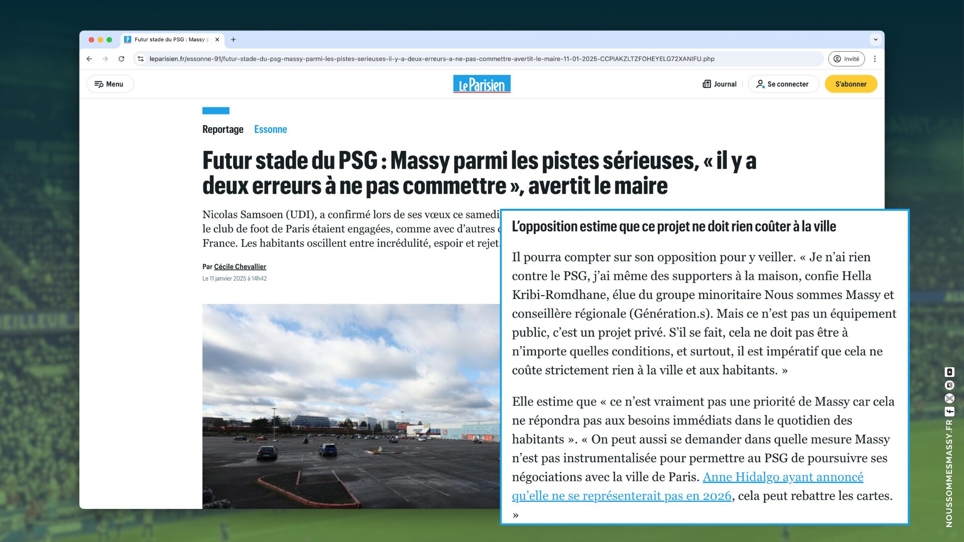 Stade du PSG à Massy : un projet privé sous quelles conditions et loin des besoins dans le quotidien des habitant·es (Hella KRIBI-ROMDHANE à Le Parisien)