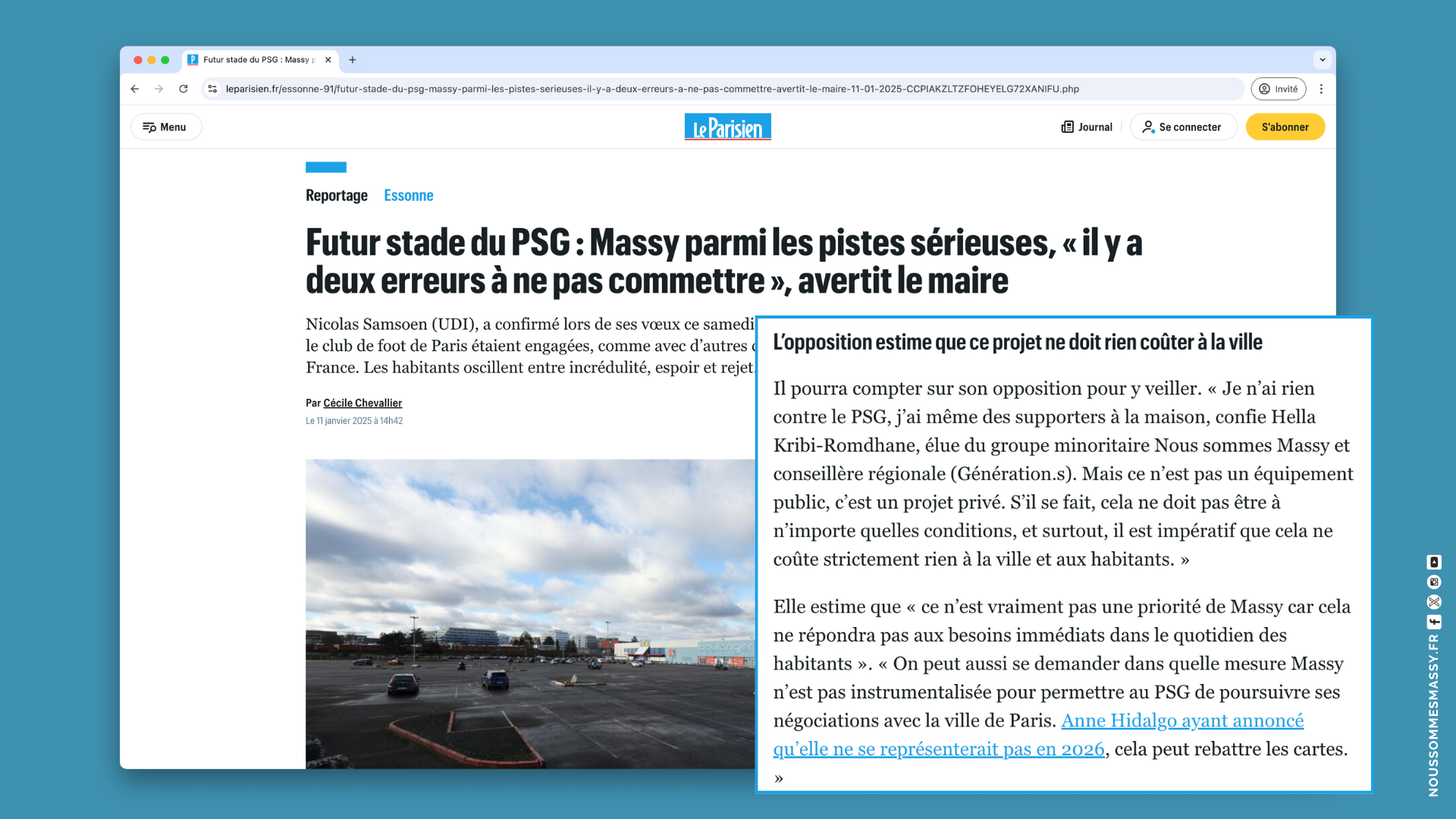 Stade du PSG à Massy : un projet privé sous quelles conditions et loin des besoins dans le quotidien des habitant·es (Hella KRIBI-ROMDHANE à Le Parisien)